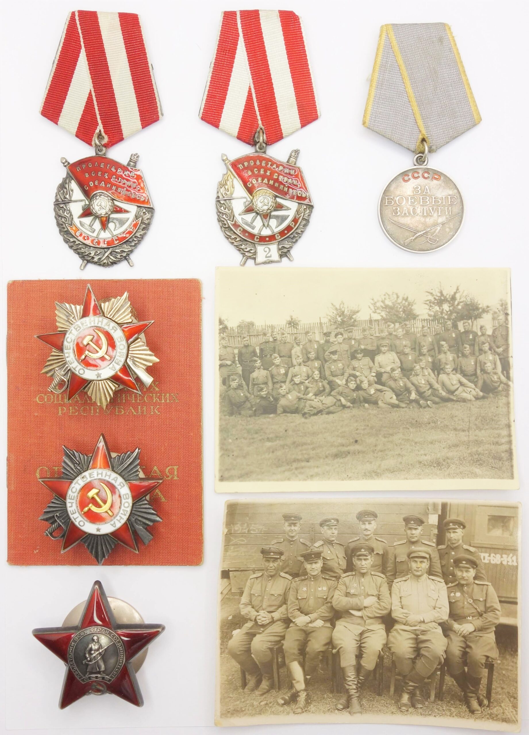 Documented Group of Soviet Awards. Red Banner 1st (#44067) and 2nd award (#1530), Order Patriotic war 1st class (#282081) and 2nd class (#5388) + more