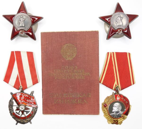 Group of the Order of Lenin #276785, Red Banner #347930 and 2 Red Stars #2027242 + #2029462