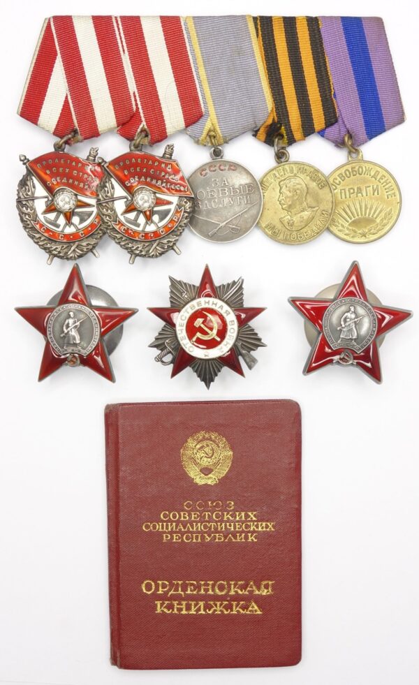 Documented group of Soviet Orders and Medals 2x Red Banner #137271 + #137279, 2x Red Star #132362 + #3354478, Order Patriotic War #426026 and more