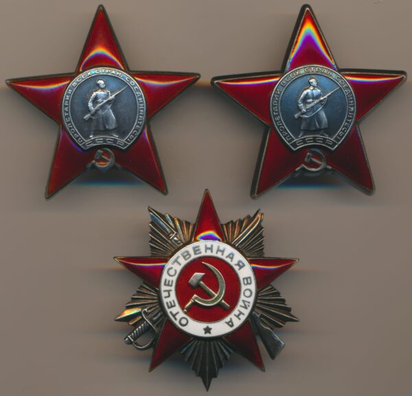 Documented group of Soviet Orders and Medals 2x Red Banner #137271 + #137279, 2x Red Star #132362 + #3354478, Order Patriotic War #426026 and more