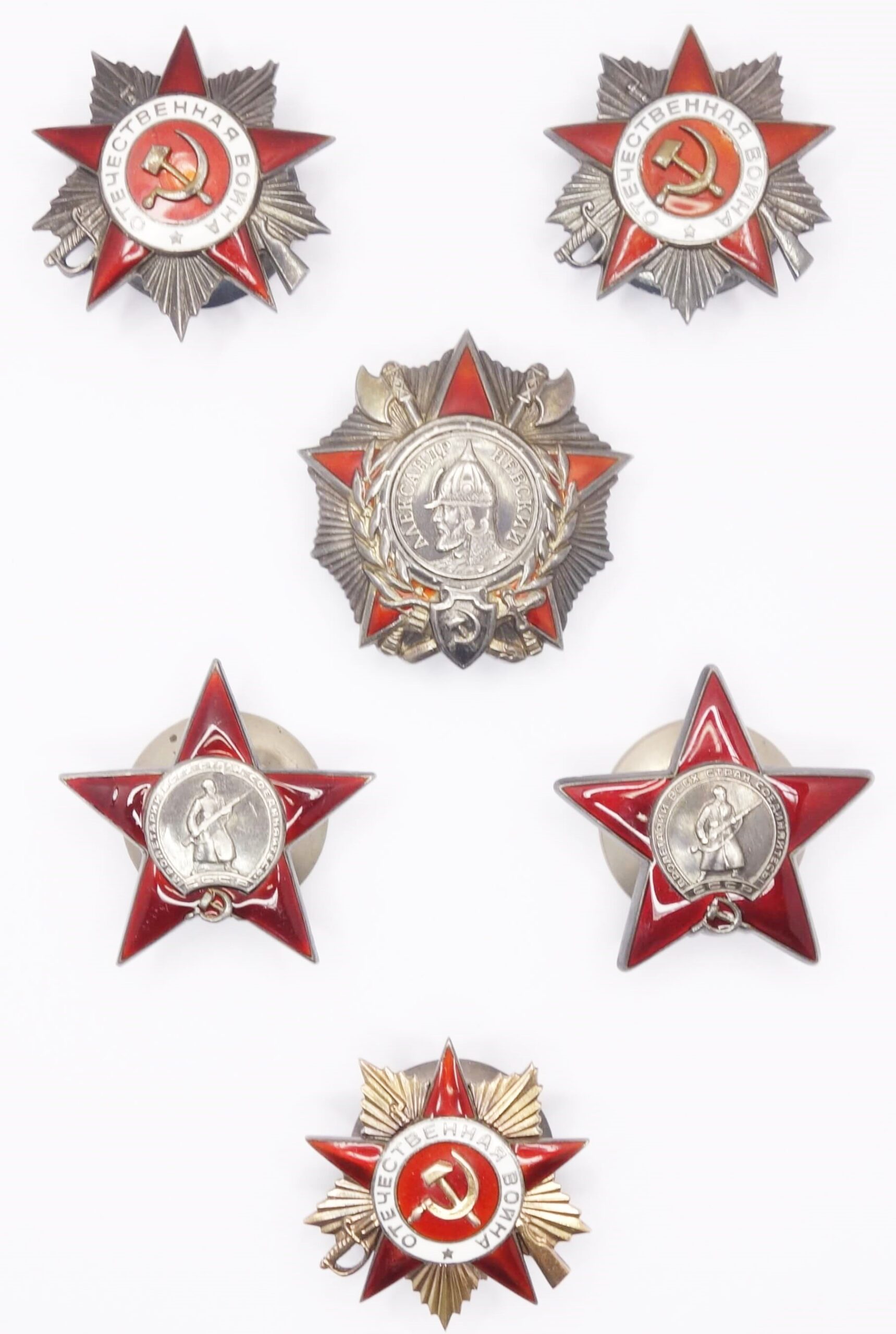 Order Group of the Order of Alexander Nevsky #21122, Order of the Patriotic War 1st class #80622, 2x Order of the Patriotic War 2nd class #413683 & #496234 and 2x Order of the Red Star #470638 and #3424978