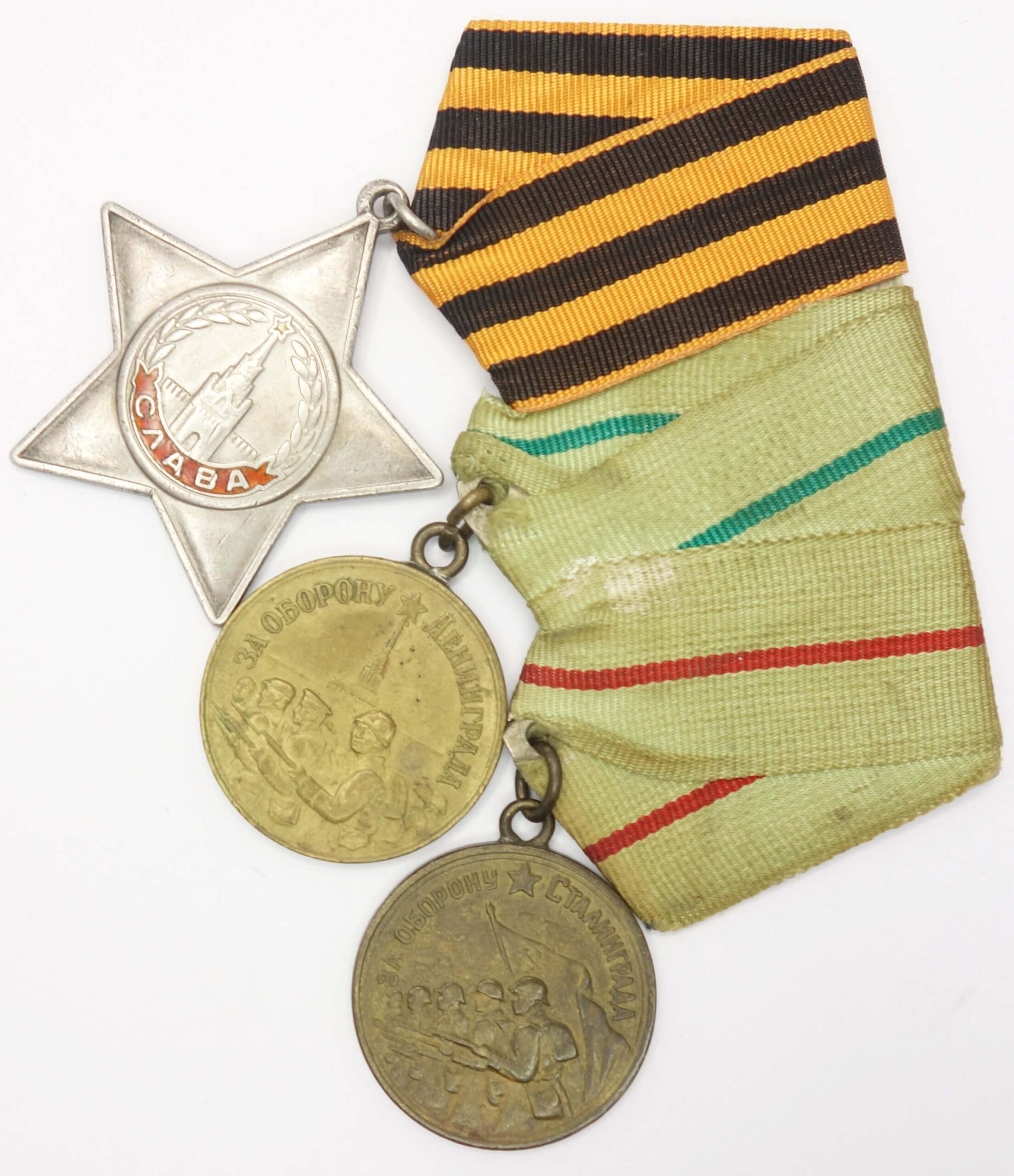 Group of Soviet Order of Glory 3rd class #36719 + Medals for the Defense of Leningrad and Stalingrad