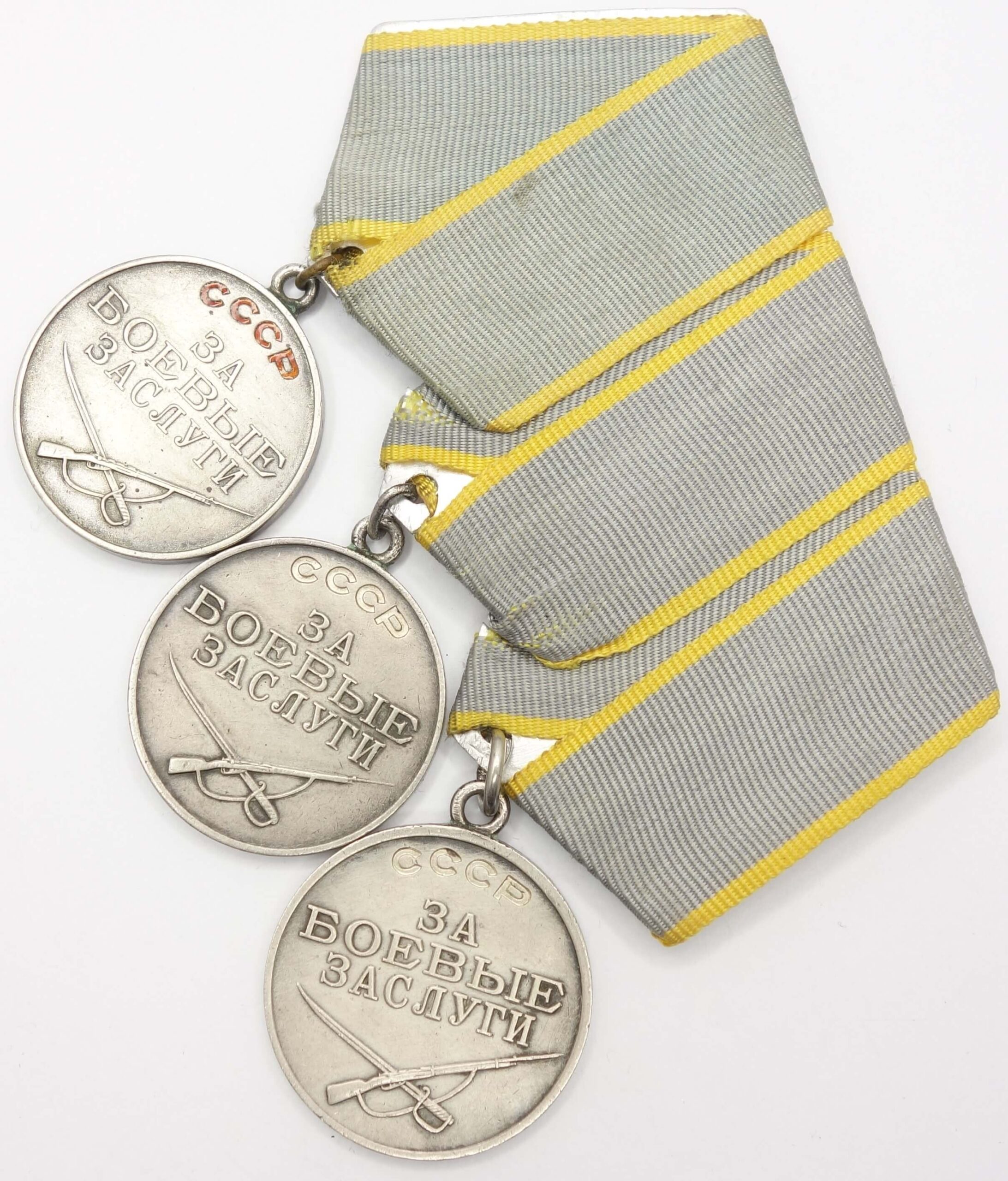 Soviet medal bar with 3 Medals for Combat Merit #13758, #236456 and #1556824